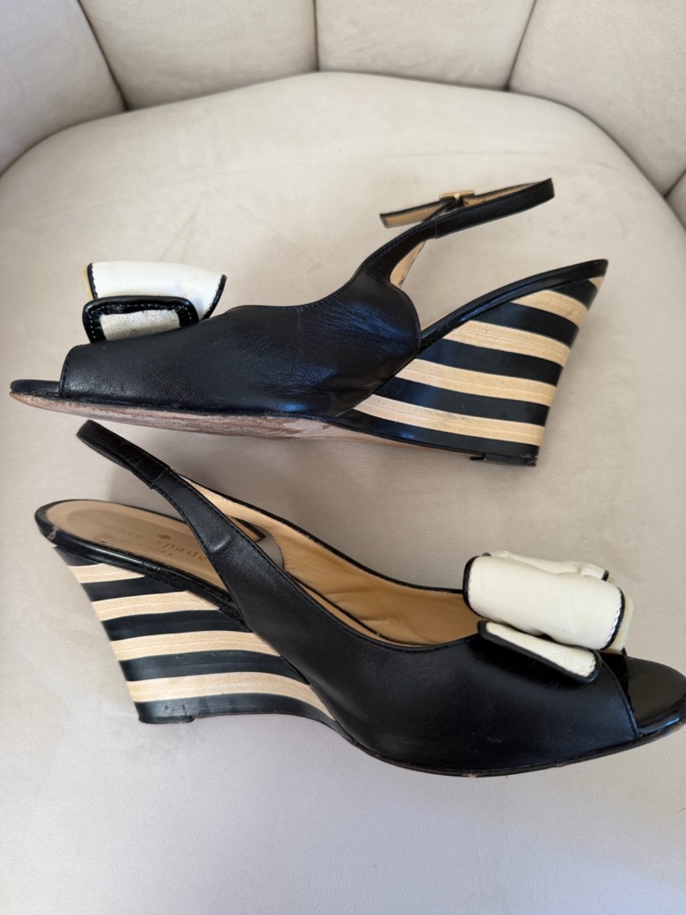 Kate Spade NY Isola Striped Wedge Slingback Sandals black white bow Shoes Y2K 8 - Picture 8 of 14
